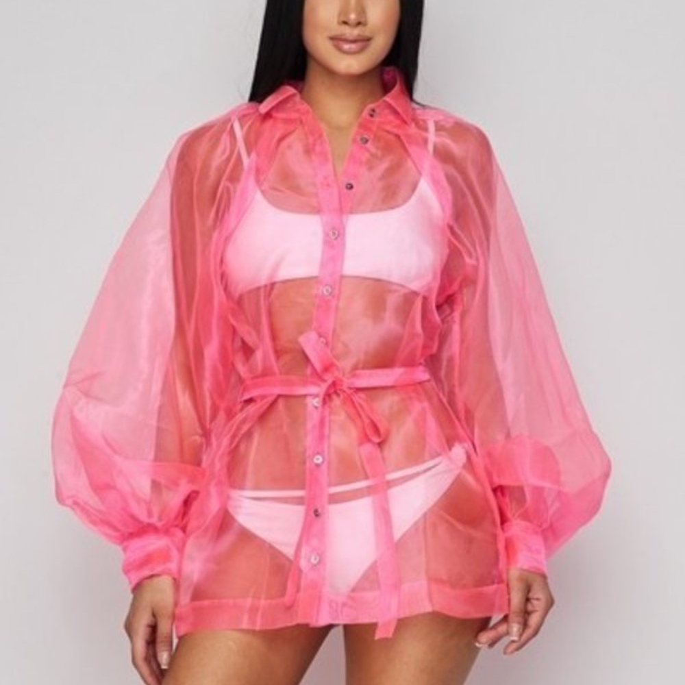 Glossy Organza Blouse in Neon Pink